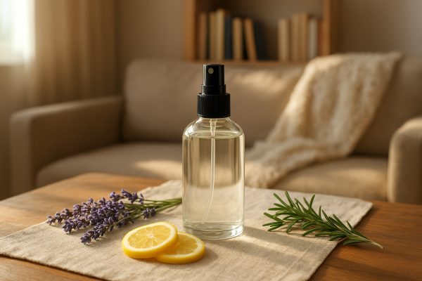 A clear glass spray bottle on linen, with lavender, lemon, and rosemary, in a sunlit home interior with books and throws softly blurred.