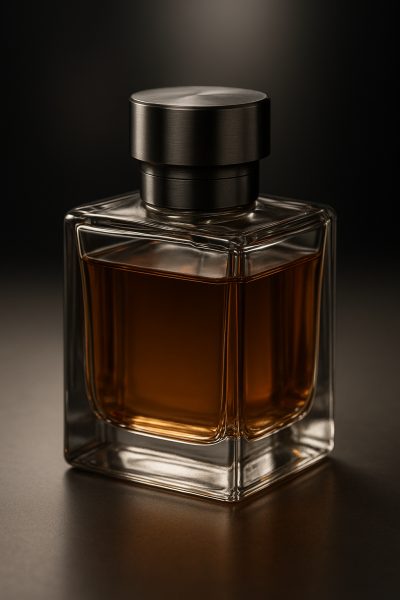 Close-up of a sandalwood cologne bottle with thick glass and an airtight cap, highlighted by studio spotlights.