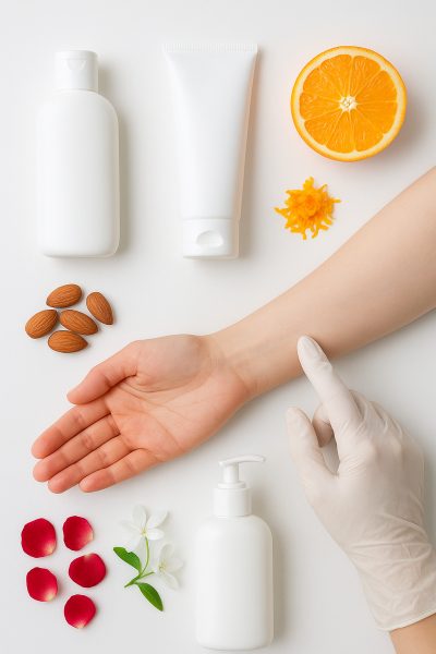 Flat lay of lotion containers, allergenic ingredients, gloves, and a patch test on a white surface.