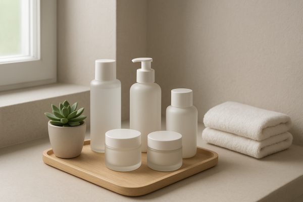 Neatly organized lotion jars and bottles on a tray in a shaded bathroom with a plant and towel.