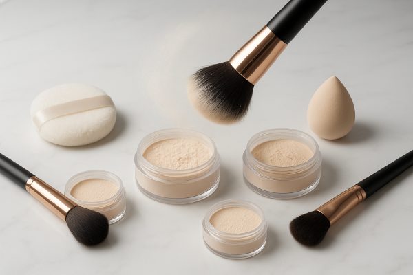 Assorted makeup tools beside open powder jars, with a brush mid-action dispersing powder into the air.