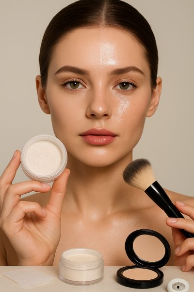 Model showing half-matte, half-dewy complexion, holding powder and brush with oil control tools on the vanity.
