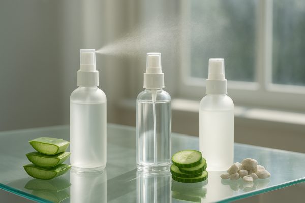 Translucent setting spray bottles with mist, aloe, cucumber, and minerals on a glass table in sunlight.