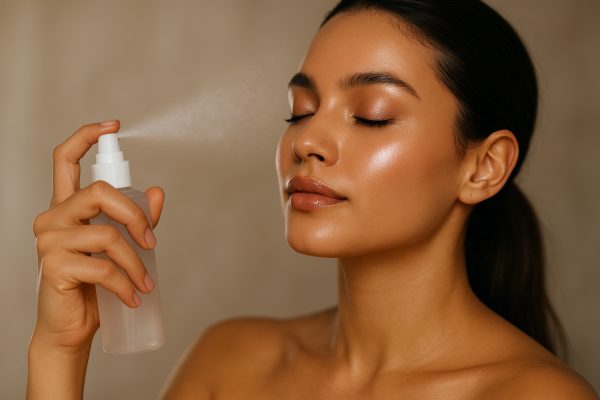 Model misting setting spray onto radiant skin, makeup looking luminous and long-wearing.