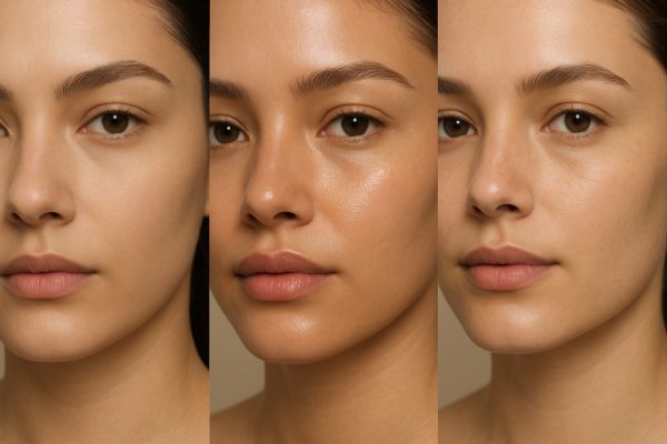 Three faces side-by-side: matte, dewy, and natural finishes for different skin types.