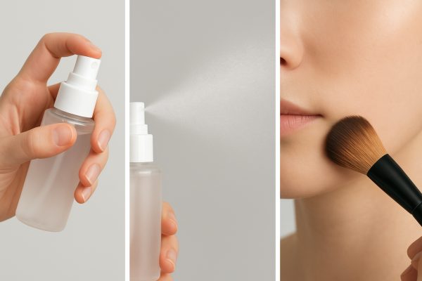 Hands spraying mist and using a brush to blend setting spray, each step clear and crisp.