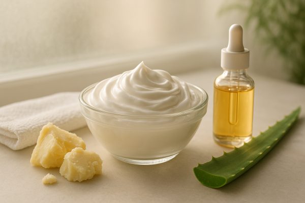 A glass bowl filled with creamy shaving cream, surrounded by shea butter, aloe vera, and vitamin E oil on a serene countertop.