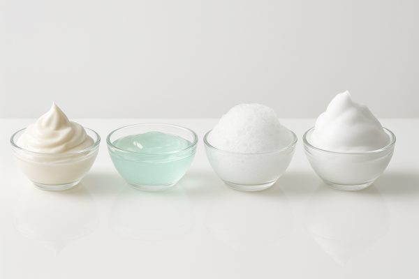 Four glass bowls neatly displaying the different textures of shaving cream, gel, soap, and foam.