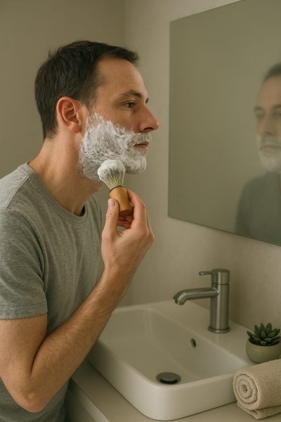 A man with sensitive skin applies a thick layer of shaving cream with a brush at a clean bathroom sink.