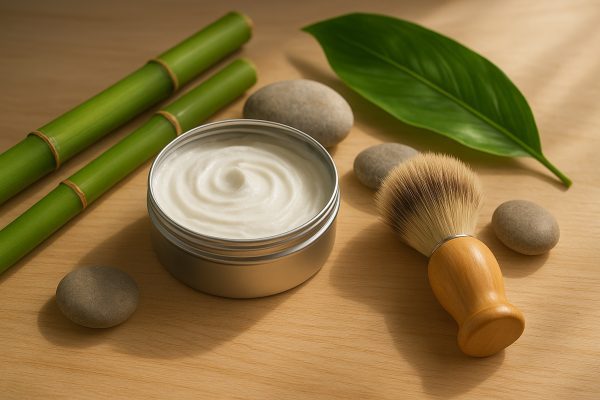 An open tin of eco-friendly shaving cream, surrounded by bamboo, stones, a green leaf, and a wooden brush on a wood surface.