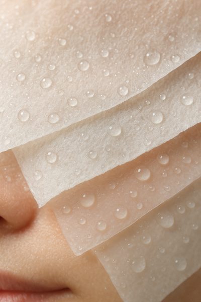 Extreme macro of layered bio cellulose, cotton, and hydrogel mask fibers with glistening serum droplets and hydrated skin blurred behind.