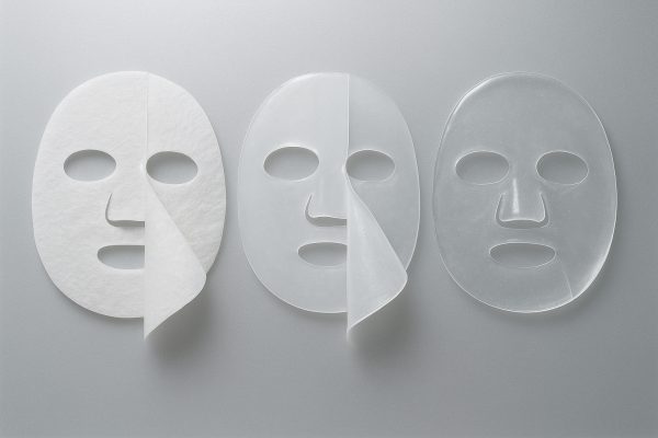 Strips of bio cellulose, cotton, and hydrogel masks displayed on frosted glass, each peeled to show unique cross-sections and textures.