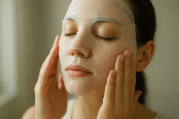 Close-up of hands gently applying a moist sheet mask to a calm face, highlighting sensitive skin care.