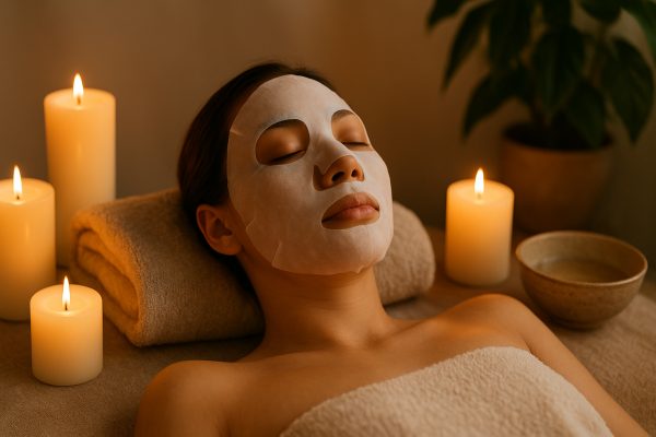 Person relaxing with a sheet mask, surrounded by glowing candles, serum bowl, towels, and a plant in a cozy spa-like room.