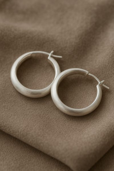 Close-up of brushed sterling silver hoop earrings on suede, emphasizing texture and shine.
