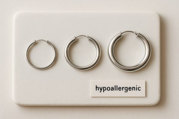 Silver hoop earrings in three sizes laid out on a white stone slab with a hypoallergenic label.