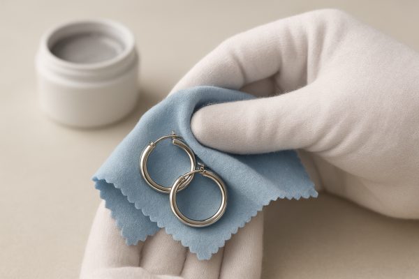 A white-gloved hand polishing silver hoop earrings with a blue cloth, silver polish jar blurred behind.