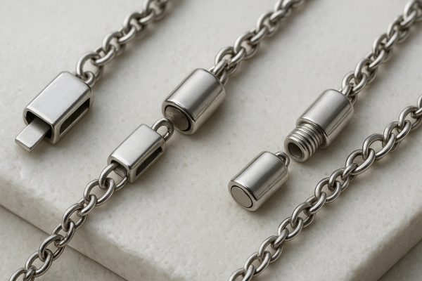 Macro of sterling silver box, magnetic, and barrel clasps with chain segments on off-white stone.