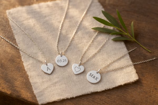 Silver charm necklaces with engraved details on linen atop rustic wood, accented by a green sprig.