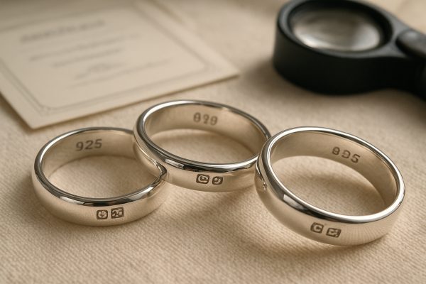 Macro shot of silver rings showing hallmarks on cream linen, with a certificate and magnifier softly blurred behind.