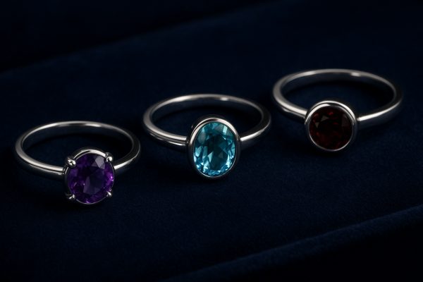 Silver rings with amethyst, topaz, and garnet in prong, bezel, and channel settings, arranged in an arc on blue velvet.