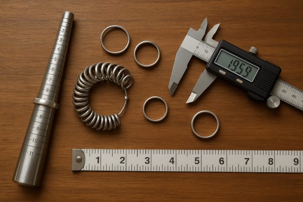 Overhead of silver rings being measured with mandrel and sizer on an organized workbench.