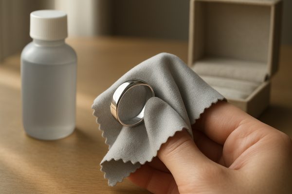 Close-up of silver ring being polished with microfiber cloth, anti-tarnish box and cleaner in background.