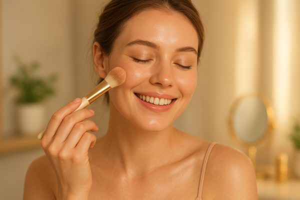 Smiling model applies skin tint, skin glowing and fresh, with plants and vanity in background.