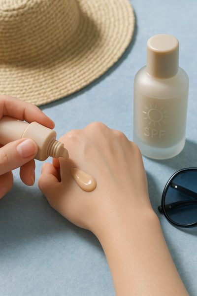 Macro of hands applying lightweight SPF skin tint on stone with sun hat and sunglasses.