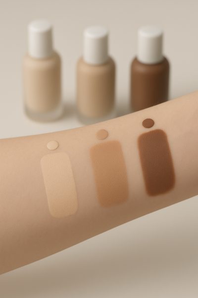 Forearm with even swatches of skin tint, foundation, and concealer, blurred bottles behind.
