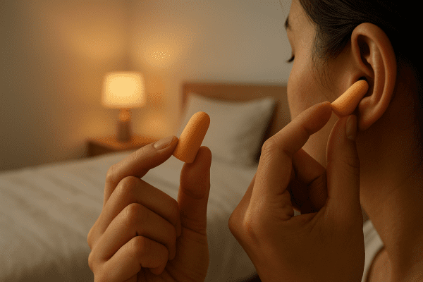 A person gently squeezing memory foam sleep ear plugs in a calm, tidy bedroom.