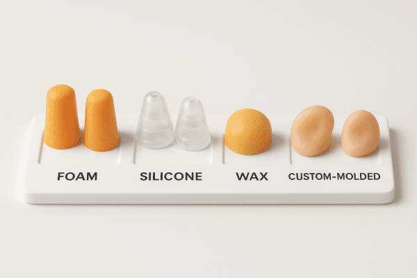 Foam, silicone, wax, and custom-molded sleep ear plugs displayed in a neat row on white surface.