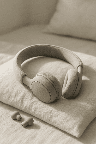 Close-up of ultra-soft sleep headphones with visible speakers and earbuds on a textured linen pillow.