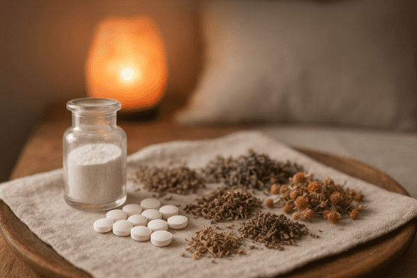 Beautifully arranged melatonin, magnesium, and herbal supplements on a rustic tray in a calm bedroom.