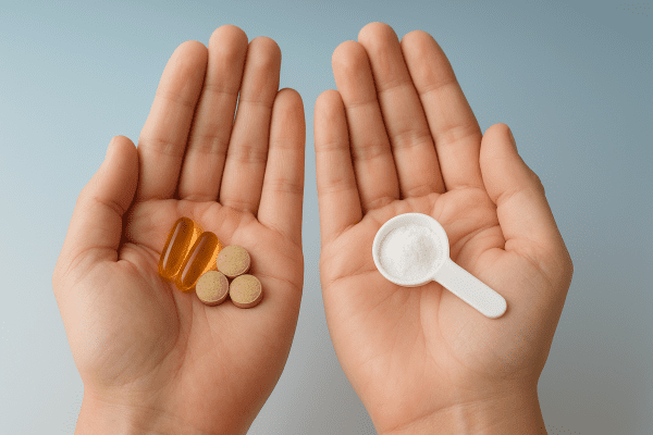 Open hands presenting various sleep supplements on a calming blue-to-white background.
