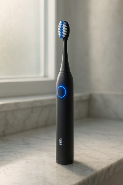 Close-up of an advanced sonic toothbrush with glowing battery indicator and blue LED ring on a marble countertop.