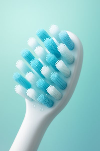 Macro view of a sonic toothbrush head with dual-color, ultra-soft bristles in distinct zones.