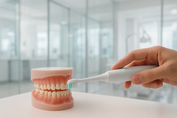 Hand holds sonic toothbrush near dental model gumline, green LED pressure sensor glowing, in a modern clinic.
