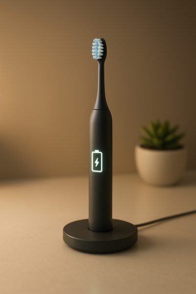 Sonic toothbrush on a wireless charging base, battery icon glowing, with a small succulent in background.