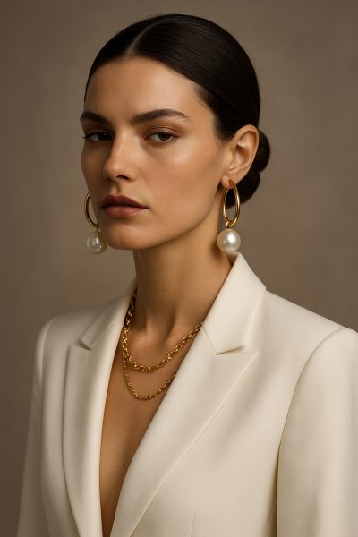 Editorial portrait of a model in a tailored blouse, wearing oversized gold hoop earrings with pearls and layered gold necklaces against a taupe background.