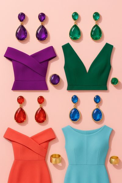 Fashion flat lay of oversized statement earrings, coordinated fabric swatches for different necklines, and matching metallic accessories on a pastel pink background.
