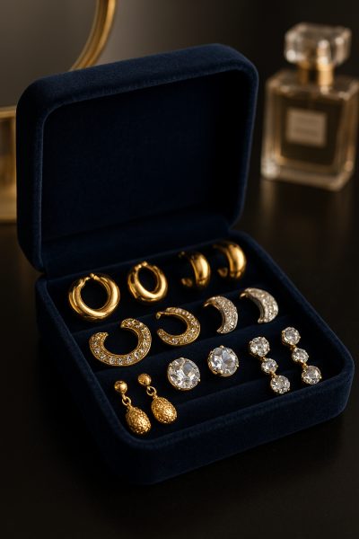 Velvet jewelry box displaying assorted statement earrings with a blurred vanity mirror and perfume bottle in the background.