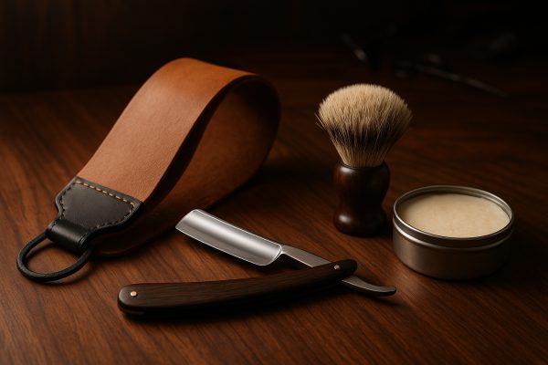 Premium shaving tools\u2014leather strop, straight razor, brush, and soap\u2014arranged on a walnut surface.