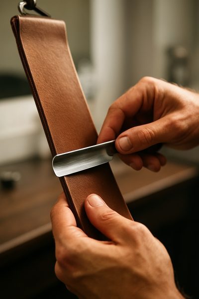 Hands expertly stropping a straight razor on leather, focus on the blade and strop.