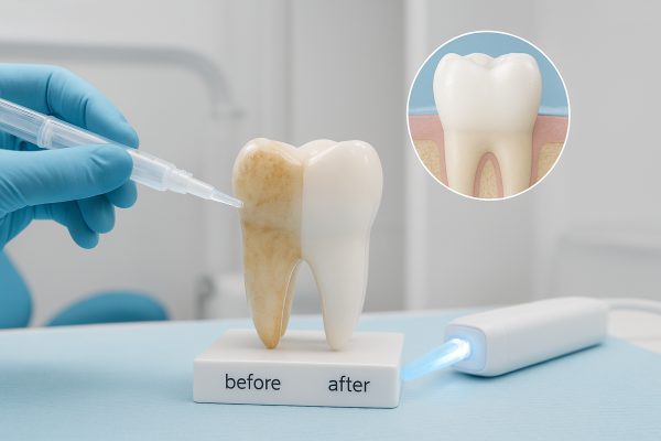 Demonstration of whitening kit on tooth models, showing stain removal and enamel health cross-section.