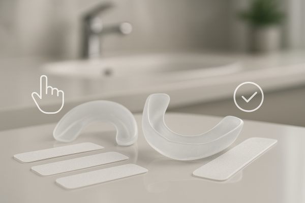 Selection of whitening strips and ergonomic trays on reflective bathroom surface, emphasizing design and usability.