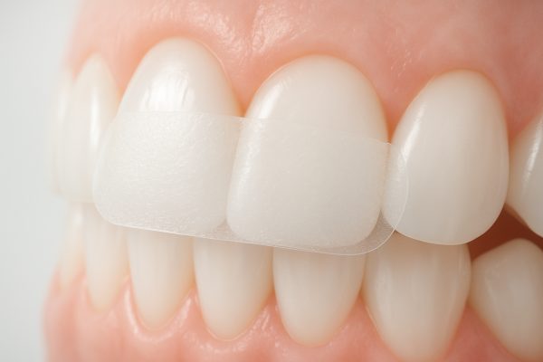 Close-up macro shot of healthy teeth with a translucent whitening strip, focusing on enamel safety and ingredient gentleness.
