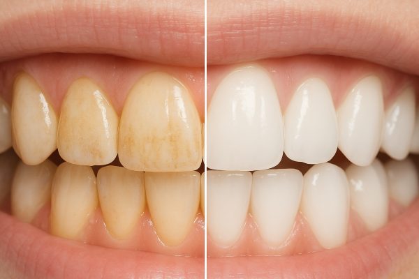 Split macro shot of teeth: left side before with stains, right side after whitening with higher hydrogen peroxide concentration.