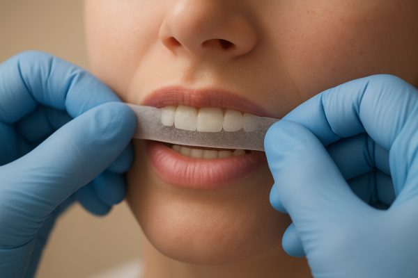 Gloved hands softly positioning whitening strip on sensitive teeth, close-up showing gentle care.