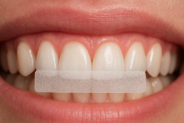 Close macro of whitening strip positioned below healthy, pink gums, showing gum safety.